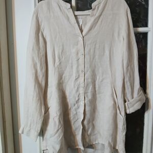 Sigrid Olsen Resort  Tunic Blouse Top Size Large 100% Linen Button Down Roll